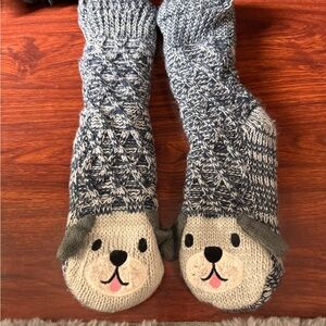 NEW- Cute Dog Face Knit Crew Socks - Gray & Cream